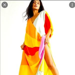 Free People Sunshine Silk Kaftan Rainbow colorful fun Maxi Dress